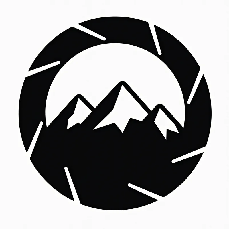 Monochrome Aperture with Mountains - A simple black and white icon depicting thn camera lens aperture blades with a minimalistic design of black and white mountains in the center of the lens. - AI image generated with Photorealistic 2