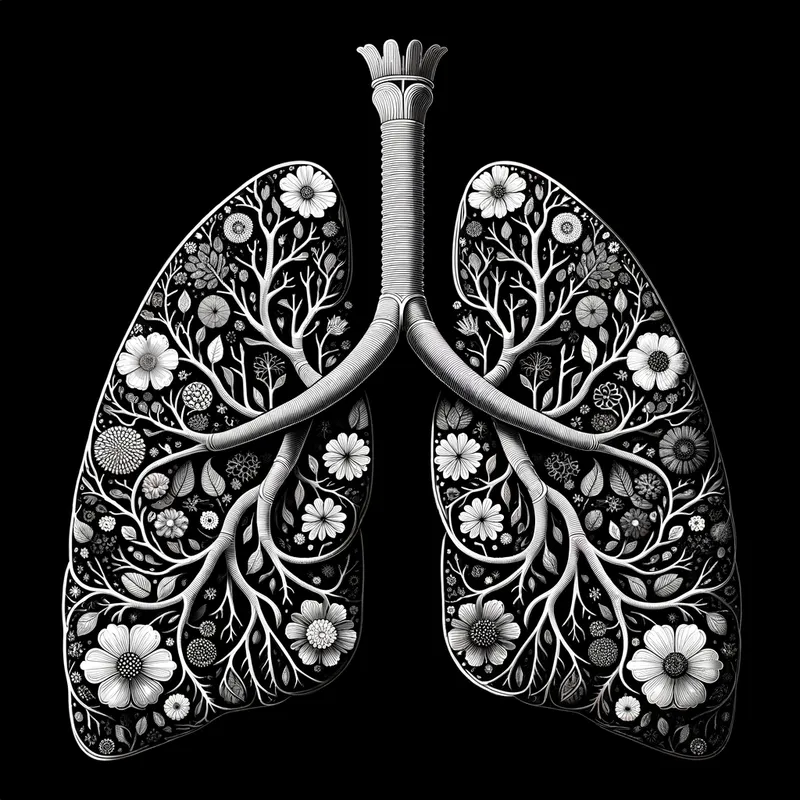 Monochrome Floral Respiration - A striking black and white representation of the respiratory system, where the lungs are intertwined with a patterned array of floral elements. - AI image generated with Art