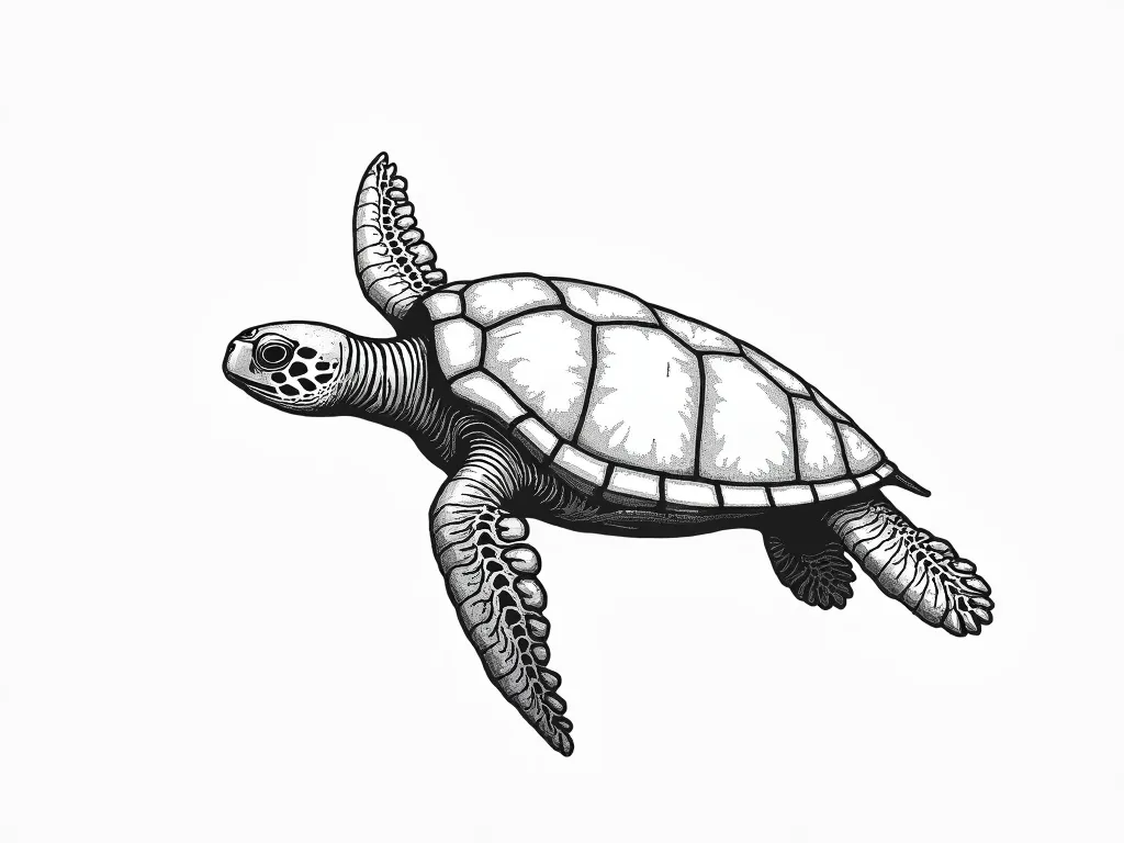 Monochrome Outline Sea Turtle Drawing - monochromatic outline drawing of a sea turtle swimming - AI image generated with Photorealistic 2