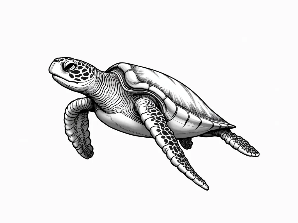 Monochrome Outline Sea Turtle Drawing - monochromatic outline drawing of a sea turtle swimming - AI image generated with Photorealistic 2