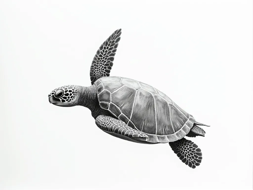 Monochrome Sea Turtle Outline Drawing - horizontal monochromatic pencil outline drawing of a sea turtle swimming from above - AI image generated with Photorealistic 2