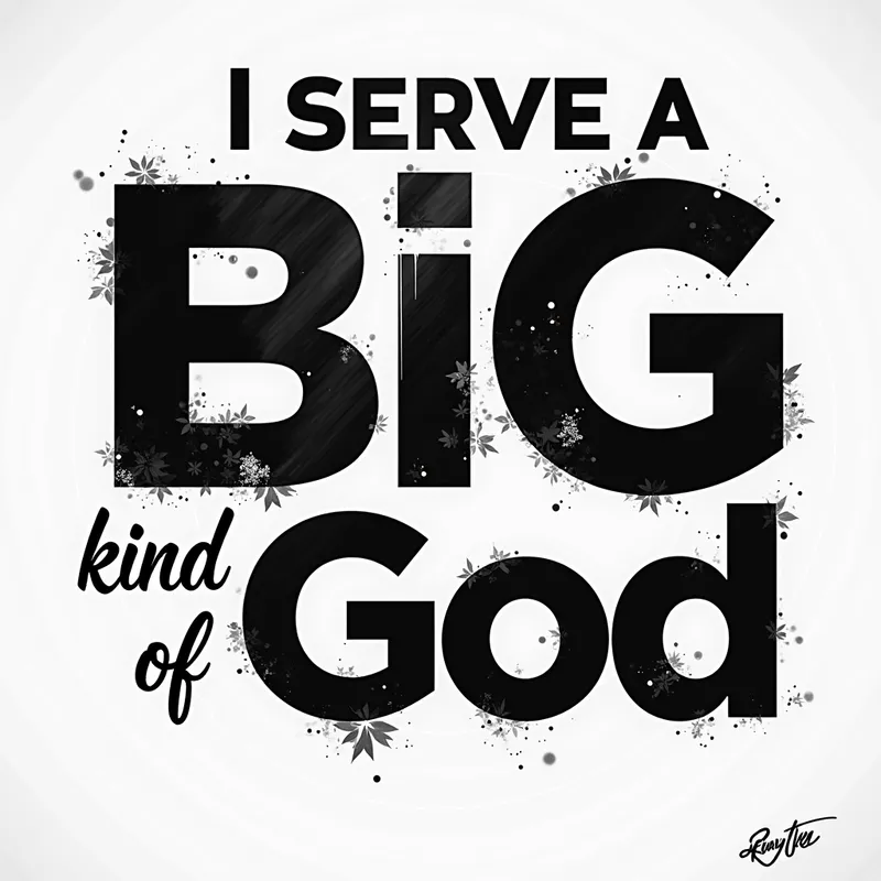 Monochrome Testimony - Stylized black and white image depicting the phrase 'I serve a big G kind of God', enhanced with eye-catching shading and shadows to evoke a sense of reverence and awe. - AI image generated with Photorealistic 2