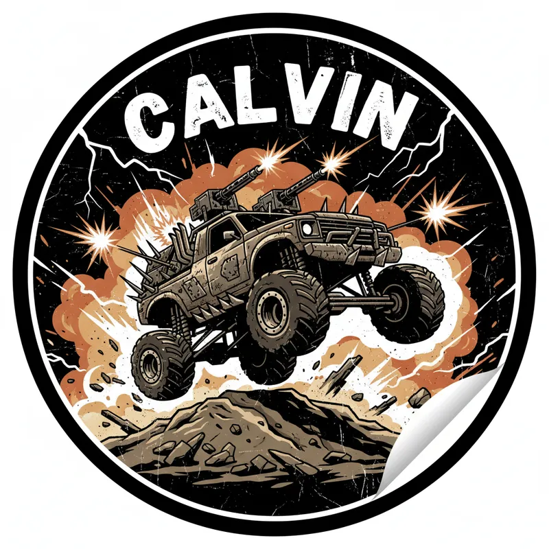 Monster Truck Fury Sticker - An explosive scene featuring a battle-hardened monster truck, guns blazing as it jumps high over a dirt pile. Intense Mad Max-style detail, with 'Calvin' text above, all crafted in the style of a high-contrast vector circle sticker. - AI image generated with Nano Banana