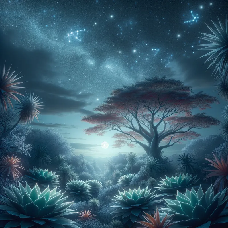Moonlight Botanica - A mystical scene of exotic plants basking in the silvery light of a full moon, with the night sky peppered with stars forming a tranquil canopy. - AI image generated with Art