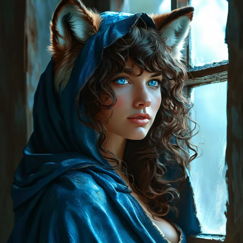 Moonlight Seduction at the Window - An alluring, blue-eyed woman with wild brown curls and bangs, draped in a blue cloak with brown wolf ears exposed. She poses seductively beside a windowsill bathed in silvery moonlight. - AI image generated with Nova Canvas