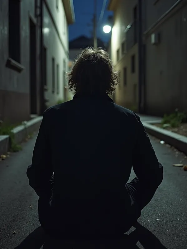 Moonlit Alley Solitude - A man sitting on the ground in a dark alley, seen from behind, wearing a black jacket, with long, messy hair, captured from a distance, illuminated by the moonlight. - AI image generated with Photorealistic 2