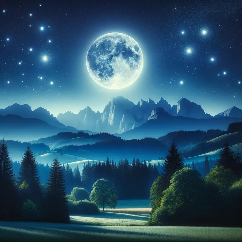 Moonlit Countryside Under Starry Sky - A full moon night with bright stars shining in the sky, illuminating a serene countryside. In the foreground, there is a lush forest with tall trees, and in the background, majestic mountains rise against the night sky. The entire scene is bathed in the soft, silvery light of the moon, creating a peaceful and enchanting atmosphere. - AI image generated with Art
