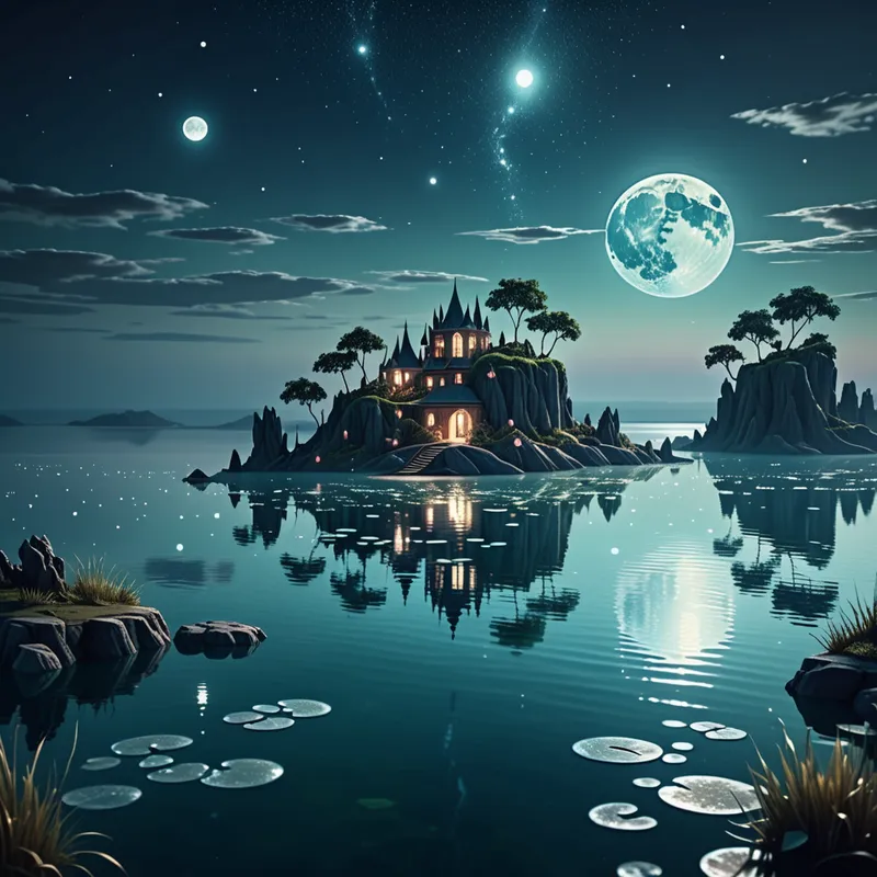 Moonlit Dream Waters - A beautiful enchanted waterscape with calm lakes blending into a vast ocean, tiny magical islands scattered across the horizon, moonlight dancing on the water, surreal and cinematic fantasy scenery. - AI image generated with Fictional