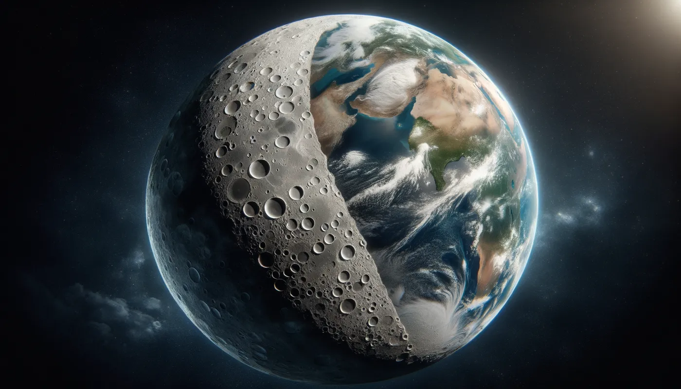 Moonlit Earthly Splendor - a moon in the foreground and the earth in the background with many striking details - AI image generated with Art