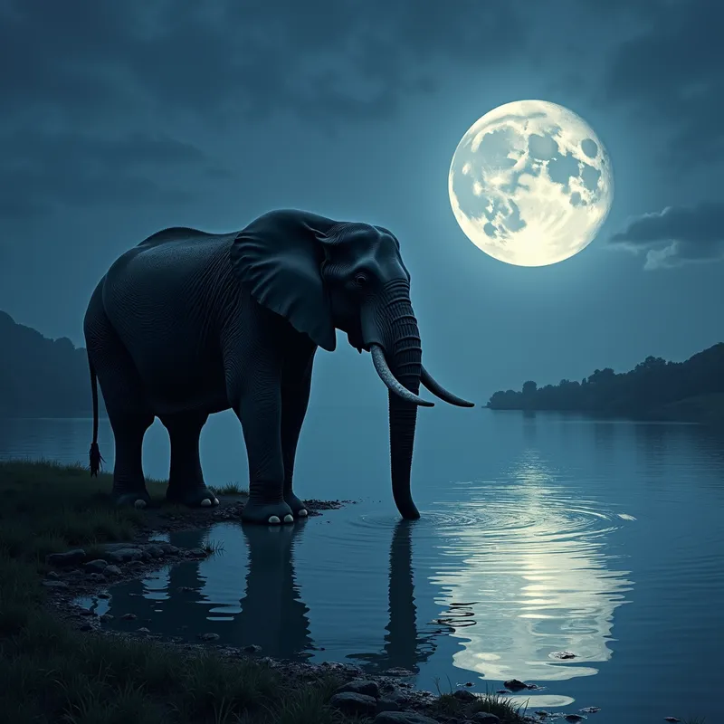 Moonlit Elephant - A majestic elephant drinking from a magical lake at night with the full moon reflecting on the water, creating a serene and mystical ambiance. - AI image generated with Photorealistic 2