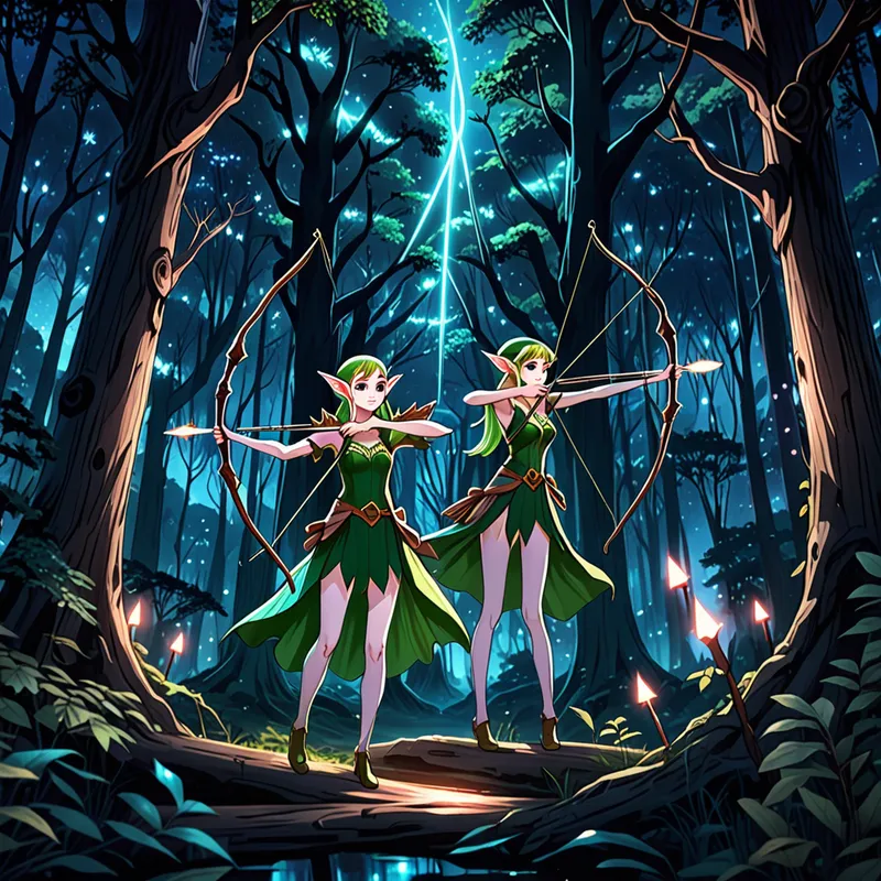 Moonlit Elf Archers - A magical anime art scene featuring elegant elf people in a glowing forest at night, holding finely crafted bows and arrows, surrounded by tall ancient trees and enchanted wooden sticks with mystical energy. - AI image generated with Fictional
