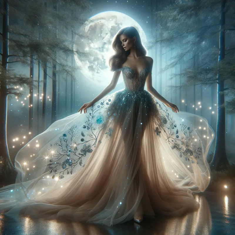 Moonlit Enchantress - A stunning enchantress bathed in the soft glow of the moon, her form intertwined with luminous elements of the night sky, radiating an ethereal charm. - AI image generated with Art - photorealistic