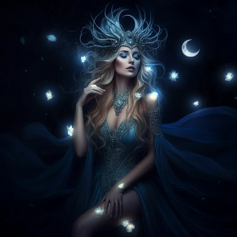 Moonlit Enchantress - A stunning enchantress bathed in the soft glow of the moon, her form intertwined with luminous elements of the night sky, radiating an ethereal charm. - AI image generated with Imagen 3 - photorealistic