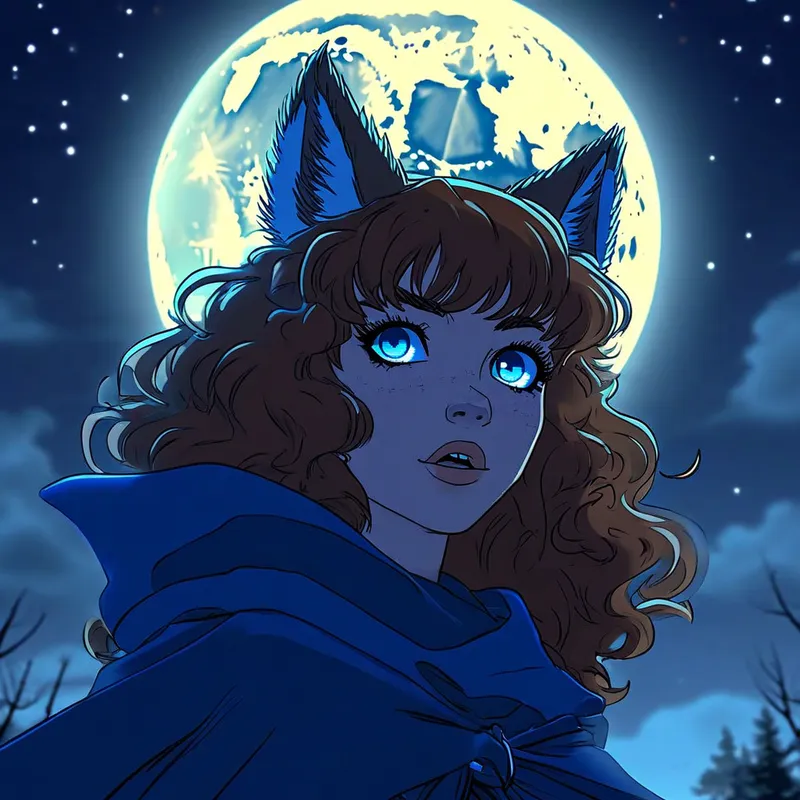Moonlit Encounter with the Wolf Maiden - A determined-looking young woman with blue eyes and wolf ears, her brown curly hair accented by bangs, reaches out to help the viewer up. The scene is illuminated by a bright full moon behind her, and she is cloaked in blue. - AI image generated with Nova Canvas