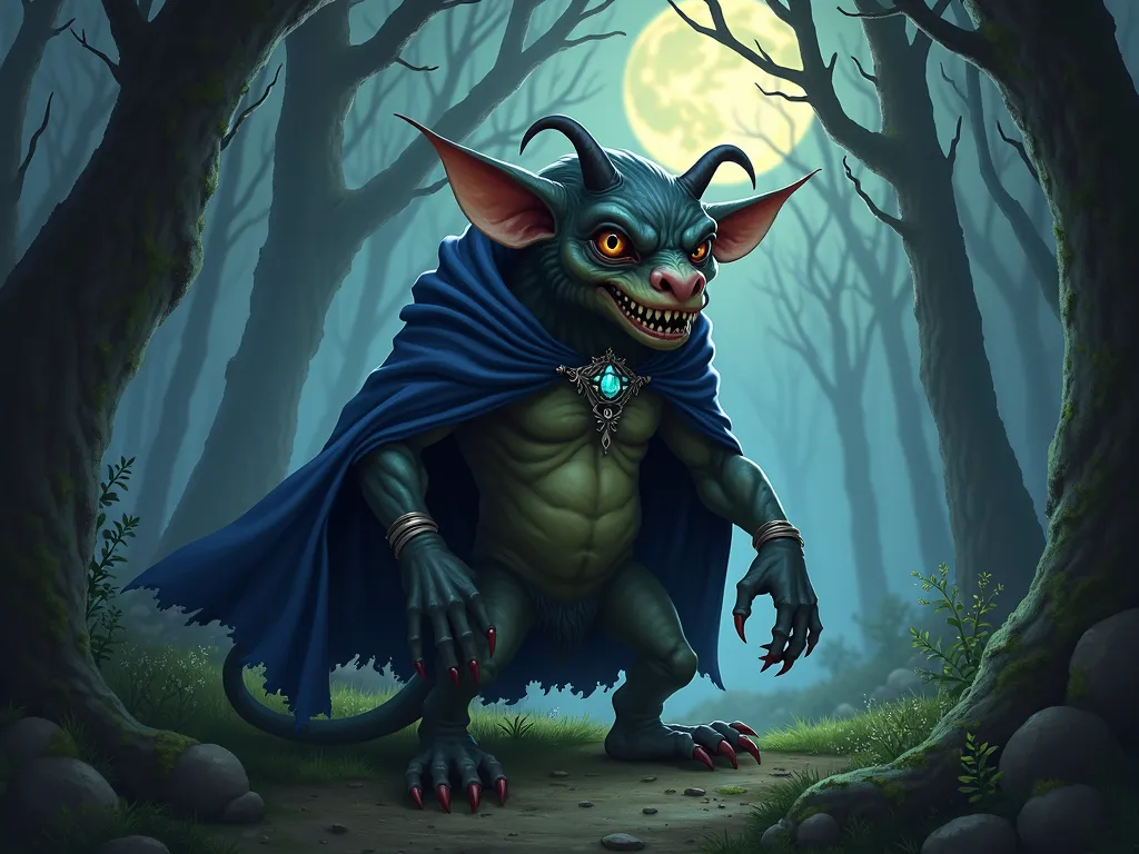 Moonlit Forest Boggart - Please create an image of a boggart. The boggart is similar to a goblin, but the skin of the boggart is a smooth and black with highlights of greyish-green. It's wine dark eyes are flecked with gold. Its teeth and nails are long and sharp. The boggart is wearing a midnight blue cowled mantle that is fastened with a fine jewelled clasp made of silver and opal.
Please have the boggart standing in a clearing, in a dark forbidding forest. A full moon is shining and several moonbeams shine through the clearing. - AI image generated with Photorealistic 2 - fantasy art