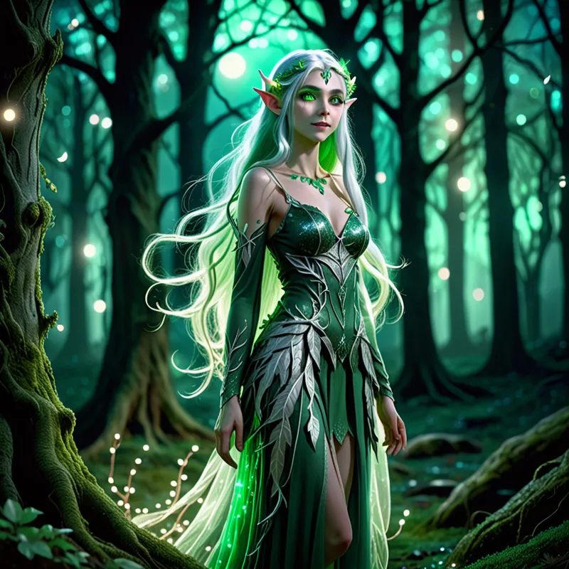 Moonlit Forest Elf Guardian - Anime-style magical forest elf standing in a moonlit woodland clearing, long flowing silver-green hair, luminous emerald eyes, elegant leaf-inspired clothing, glowing fairy lights floating around, ancient trees with sparkling moss, ethereal atmosphere, detailed fantasy illustration, soft cinematic lighting - AI image generated with Fictional