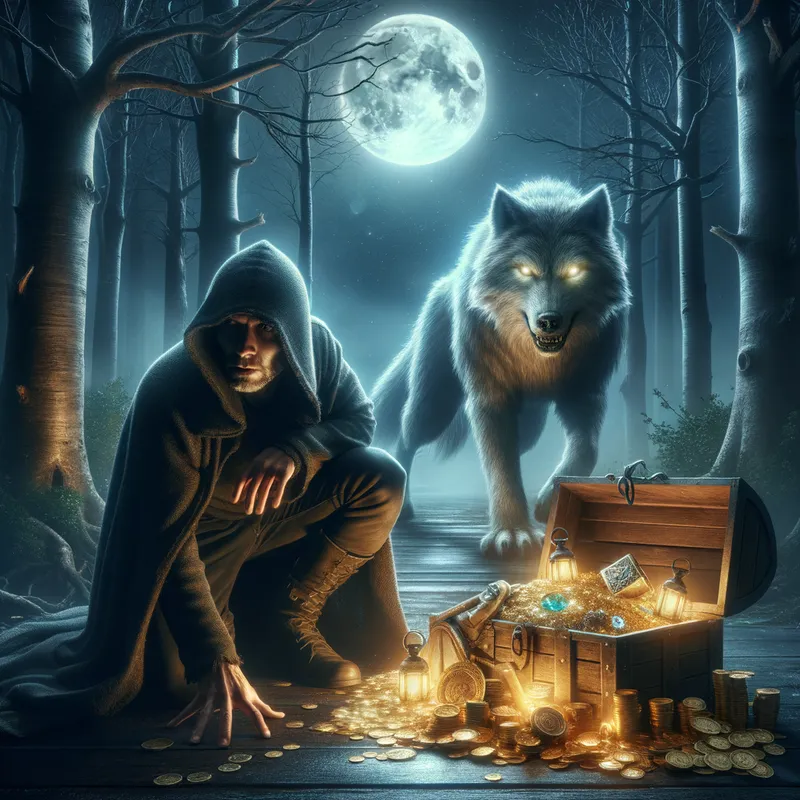 Moonlit Heist: Thief vs. Giant Wolf - A hooded thief hides from a giant wolf guarding a moonlit treasure trove. - AI image generated with Art