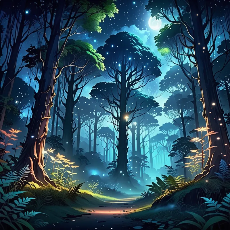 Moonlit Magic Forest - Anime forest landscape at night with giant trees, glowing enchanted plants, soft moonlight shining through the canopy, magical mist, shimmering firefly-like lights, mysterious and captivating fantasy setting - AI image generated with Fictional