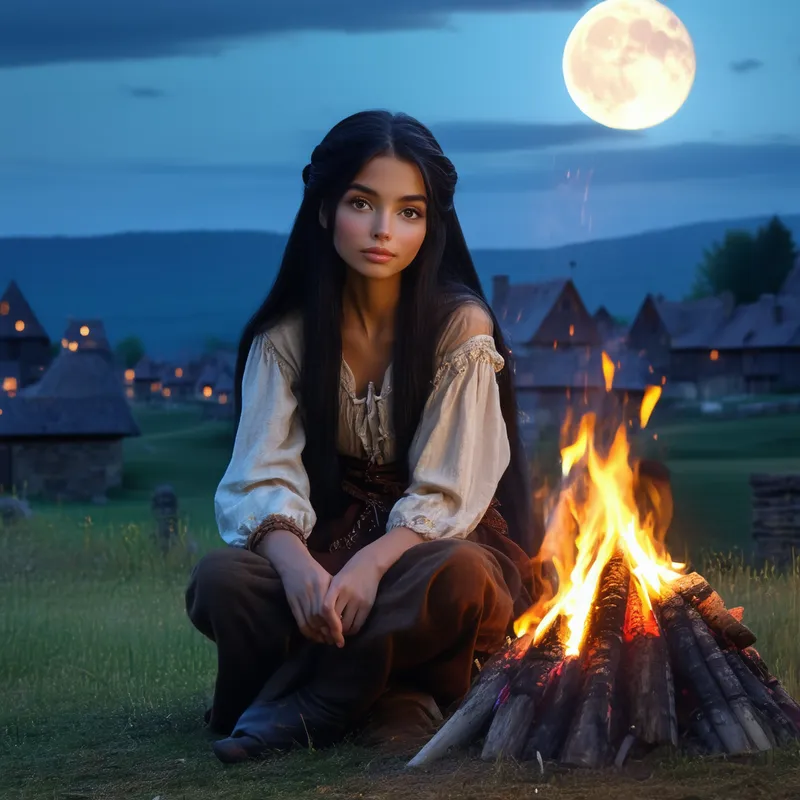 Moonlit Medieval Night - A serene night scene of a girl with long straight black hair and chestnut brown eyes, wearing casual medieval clothes, sitting by a bonfire under a moonlit sky, with a medieval village in the background.