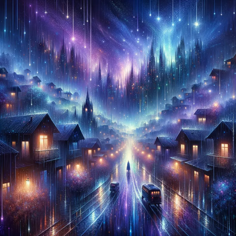 Moonlit Reverie - painting of a city street at night, blue and purple color scheme, early evening in the rain, evening lights, night houses, beautiful wallpaper, mystical - AI image generated with Art