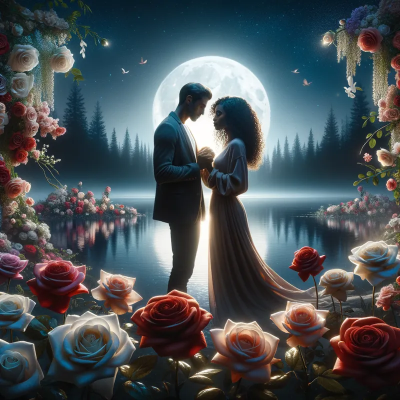 Moonlit Romance by the Lake - A moonlit night with a couple holding hands, surrounded by blooming roses, with a soft glow illuminating their faces. The background features a serene lake reflecting the moonlight, and the sky is filled with twinkling stars. The atmosphere is dreamy and enchanting, capturing the essence of romance. - AI image generated with Art