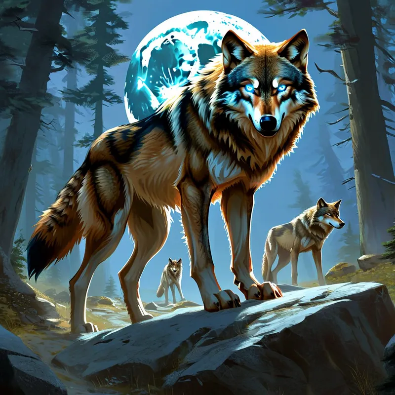 Moonlit She-Wolf and Pack - A colossal brown she-wolf with glowing blue eyes commands attention from a moon-bathed rock, her formidable wolf army poised and ready for action in the mysterious forest shadows. - AI image generated with Nova Canvas