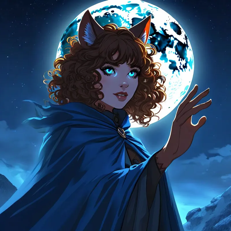 Moonlit She-wolf's Helping Hand - A woman with brown curly hair and bangs, striking blue eyes, and wolf-like ears, stands beneath a glowing full moon. She wears a flowing blue cloak, extending her hand toward the viewer to offer help, a determined and confident expression on her face. - AI image generated with Nova Canvas