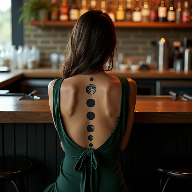Moonlit Solitude - A woman in a dark green backless dress sits at a bar, her posture revealing a black and white moon cycle tattoo running up her spine. The atmosphere suggests she is taking a moment for herself amidst her thoughts. - AI image generated with Photorealistic 2