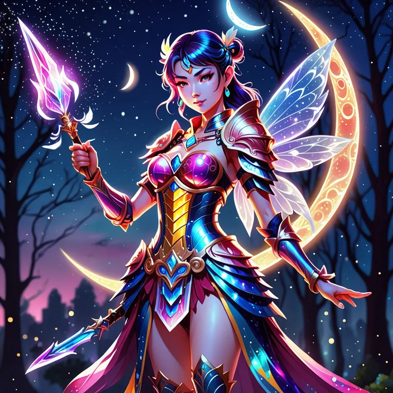 Moonlit Spell Knight - Anime-style female warrior fairy under a glowing moon, dressed in elegant colorful armor, casting radiant magic with one hand while holding a crystal blade, with swirling mystical lights around her. - AI image generated with Fictional
