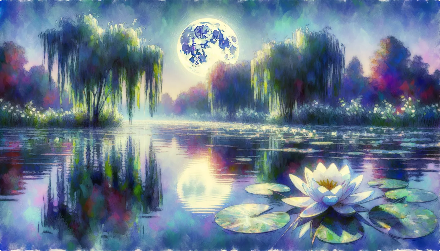 Moonlit Swamp - A serene swamp lake under a full moon with a solitary white lily floating amongst reflections of willow trees. - AI image generated with Art - gouache style, photorealistic, watercolor