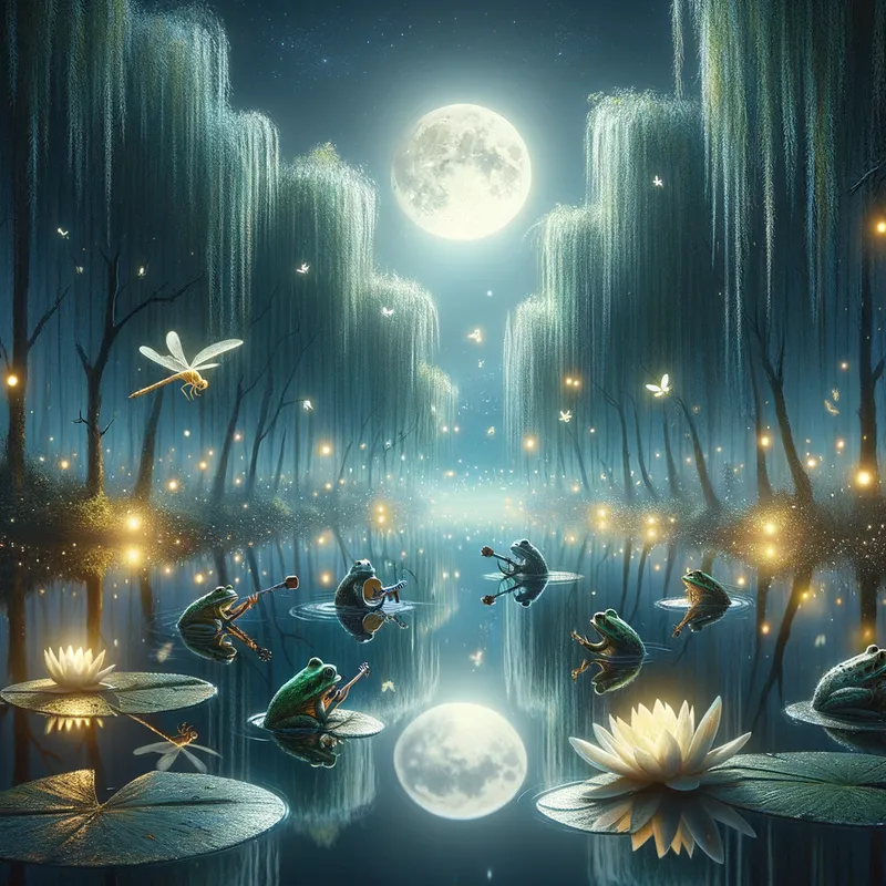 Moonlit Swamp Serenade - A serene swamp lake under a full moon with a solitary white lily floating amongst reflections of willow trees. wher frogs play musical insterments and dragonflies glow in the dark and glow bugs light up the ways
 - AI image generated with Art - photorealistic, abstract, fantasy art