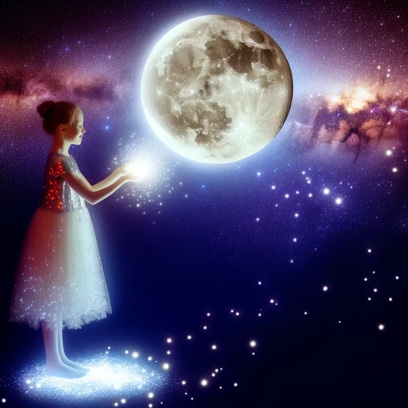 Moonlit Vows - A magical image of a girl marrying the moon, with her dress sparkling as brightly as the stardust around them. The moon appears anthropomorphized and tender, set against the backdrop of the Milky Way. - AI image generated with Art