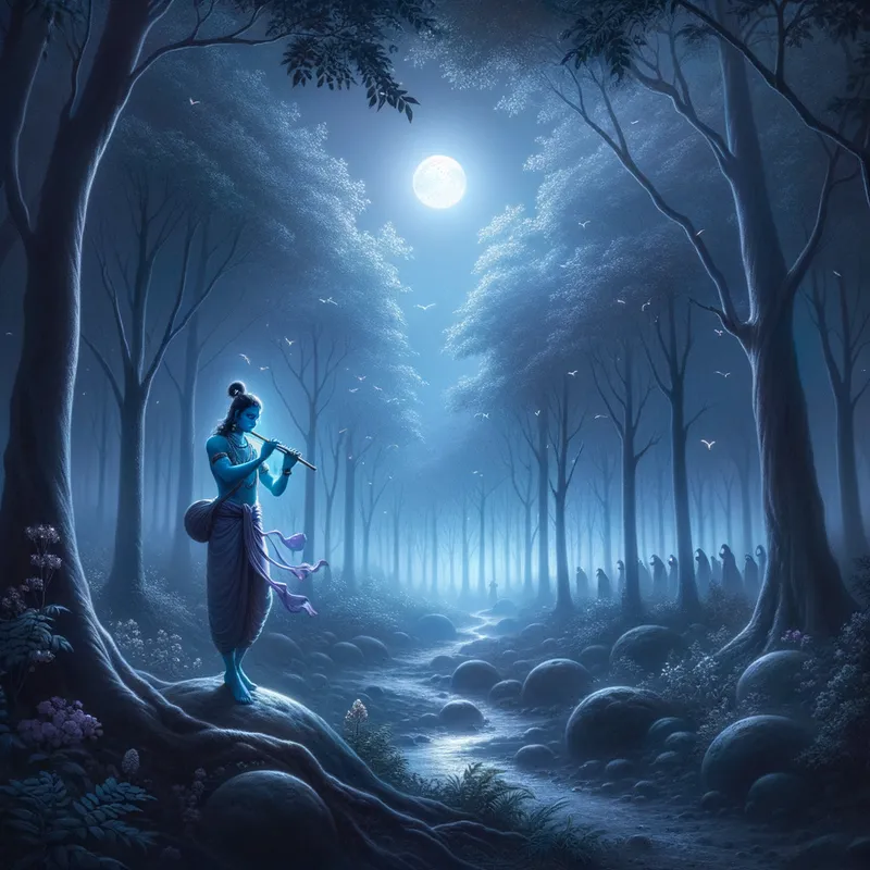Moonlit Vrindavan Serenity - A serene moonlit night in a dense forest of Vrindavan, with soft silver light filtering through the trees. In the distance, a mystical blue-skinned Krishna plays the flute. - AI image generated with Art