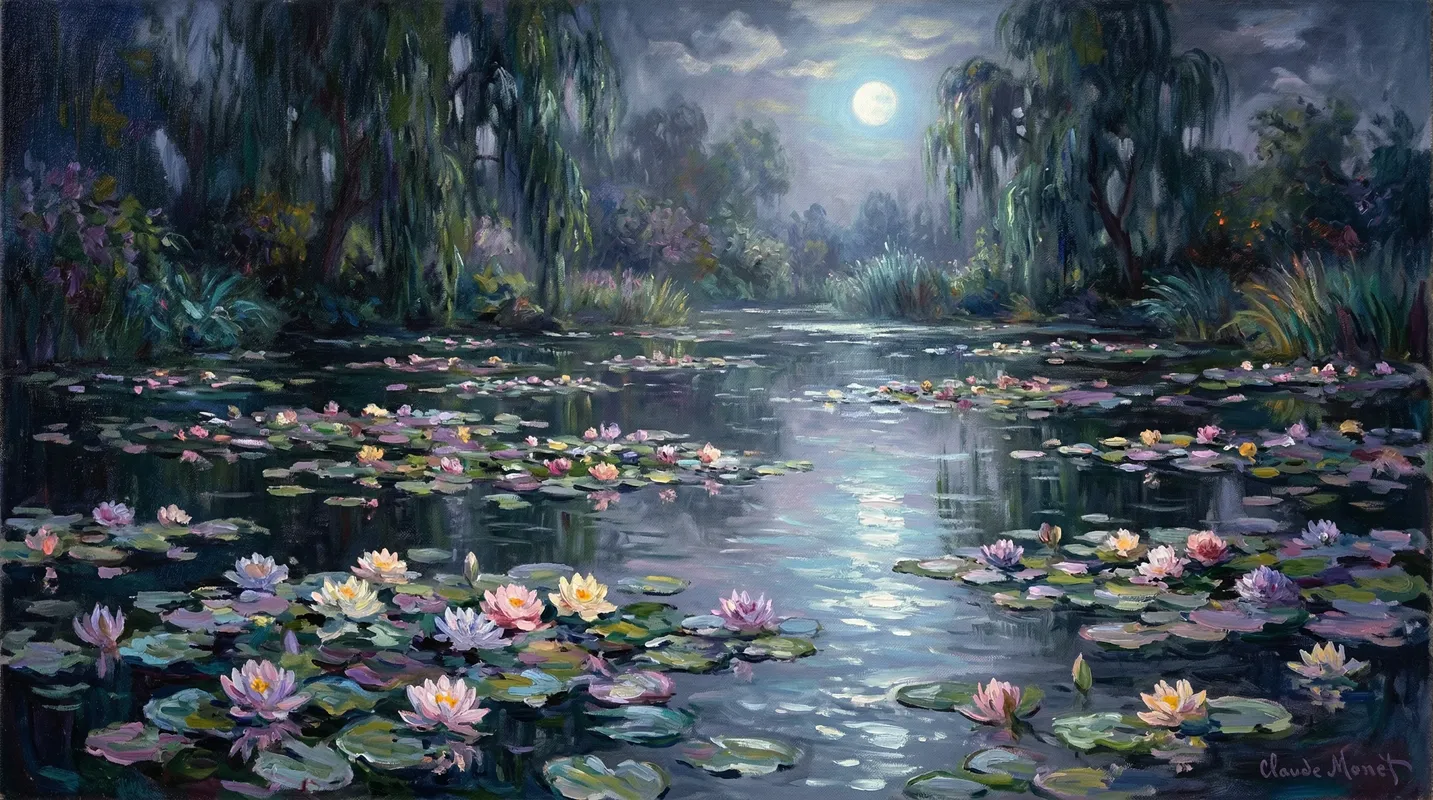 Moonlit Water Lilies - Impressionist pond filled with floating water lilies, soft pastel colors, shimmering moonlight reflections on calm water, silver-blue glow filtering through trees, gentle ripples, painterly brushstrokes, hazy nocturnal atmosphere, vibrant yet delicate color blending, Claude Monet style, serene and dreamlike mood. - AI image generated with Nano Banana 2