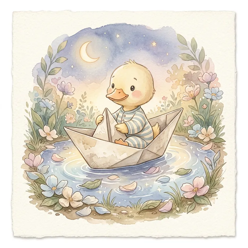 Moonlit Watercolor Duckling - A hand-painted watercolor inspired by modern children's storybooks. A gentle duckling with rounded features and soft yellow down, dressed in simple striped pajamas, sits in a folded paper boat. The boat drifts in a softly glowing puddle, surrounded by pastel-hued flower petals and gentle water ripples. Above, the faint reflection of a calm night sky with moonlight and stars adds to the peaceful mood. Soft lighting, visible brushstrokes, pastel blues, creams, and natural paper texture evoke the styles of Beatrix Potter and Carson Ellis. - AI image generated with Nano Banana 2