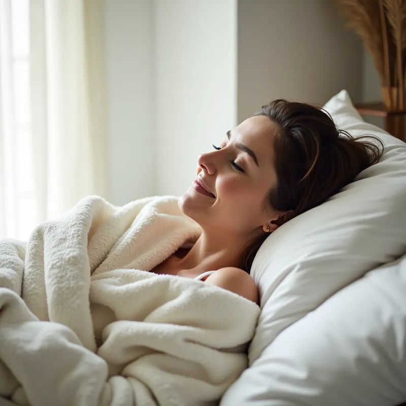 Morning Bliss - A blissful moment captured of a woman enjoying the morning in bed, wrapped in cozy white blankets with a gentle smile on her face. The room is softly lit by the natural light coming through a nearby window. - AI image generated with Photorealistic 2