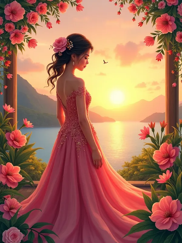 Morning Blossom Magie - Depict Magie in a serene morning setting, adorned with vibrant flowers and traditional Filipino designs. The backdrop should feature a picturesque sunrise, blending soft pastels with vivid colors, and the overall ambiance should convey warmth, love, and the promise of a new day. - AI image generated with Photorealistic 2