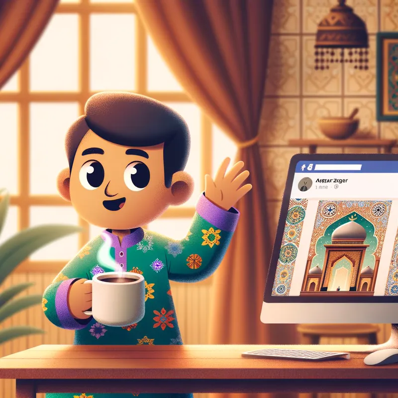 Morning Coffee Cheers - A chubby cartoon woman in pajamas, holding a steaming cup of coffee and waving at the screen with a cheerful smile. The background shows a cozy kitchen and a computer displaying Facebook with 'Blessed day to all!' written on the screen. - AI image generated with Art