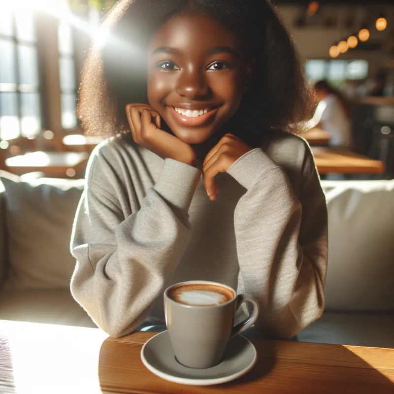 Morning Coffee Joy - A young black girl sitting at a cozy coffee shop, enjoying her morning coffee with a warm smile. Sunlight streams through the window, highlighting her joyful expression. - AI image generated with Art