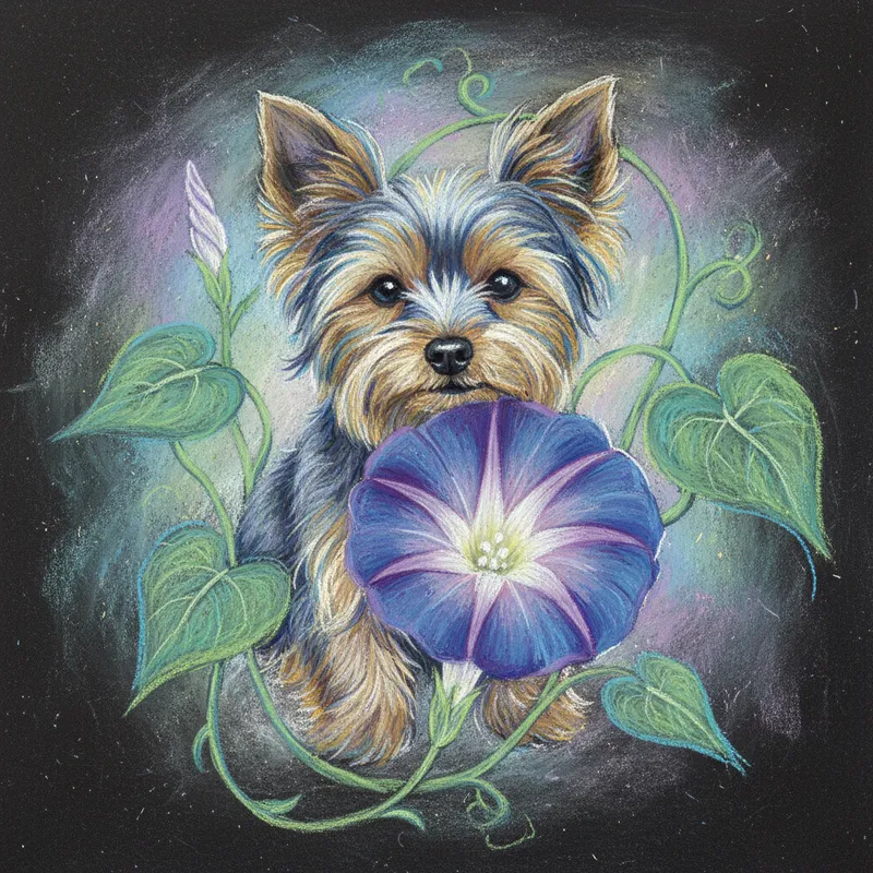 Morning-Glory Yorkie (Chalk Abstract) - Yorkie dog as morning glory, chalk, abstract - AI image generated with Nano Banana