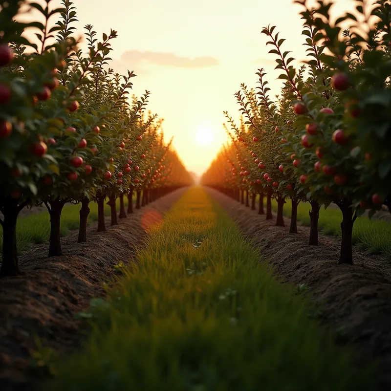 Morning Harvest Glow - Apple trees planted in meticulous rows, illuminated by a soft, warm morning sun. - AI image generated with Photorealistic 2