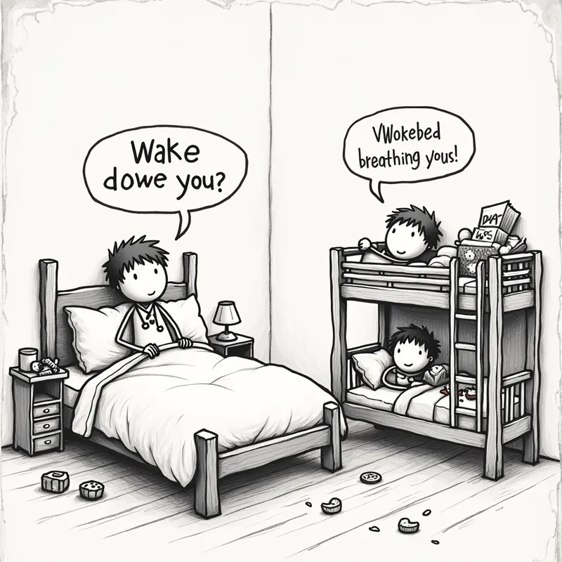 Morning Hopes - An illustration of two stick figure children experiencing different mornings. One wakes in a large bed surrounded by toys, with a thought bubble envisioning himself as a doctor. The other wakes in a cluttered bunkbed with a thought bubble dreaming of breakfast foods. Drawn with rough pencil strokes on a textured paper with cross-hatching to create depth and shading. - AI image generated with Photorealistic 2