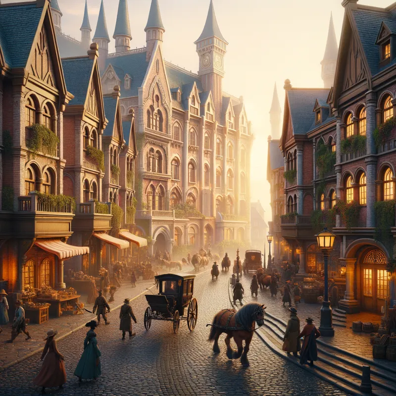 Morning Hustle - A lively morning in a friendly fantasy city, where townspeople, merchants, and carriages fill the cobbled streets. Brick buildings rise majestically, as morning light casts a warm glow over the busy scene, showcasing the city's vibrant life. The buildings should be single or double storied - AI image generated with Art