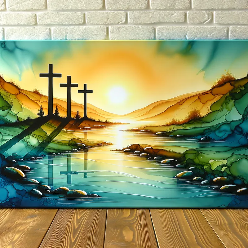 Morning River of Hope - A peaceful river during the early morning light, with three crosses majestically rising on a distant hill. The scene is bathed in the warm golden glow of dawn, symbolizing new beginnings. - AI image generated with Art - alcohol ink, vivid colors, panoramic view