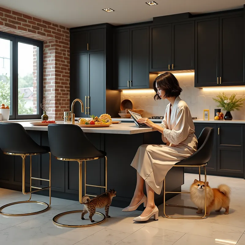 Morning Routine - A photorealistic image of an Asian woman with short wavy hair sitting in her kitchen with a huge island with black and gold high chairs, eating breakfast while reading a magazine. The kitchen features luxury porcelain tiles with gold and black trim and is part of a modern two-story brick home. She wears a silk and lace robe with puffy house shoes. Near her, a Pomeranian and a clouded leopard are walking around. - AI image generated with Photorealistic 2