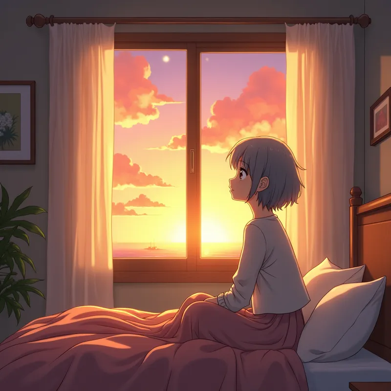 Morning Serenity - A beautiful mature woman with short gray hair, just woken up and sitting on her bed, gazing at a wonderful sunrise. The scene is set in a cozy bedroom with soft morning light filtering through the window, creating a romantic and peaceful atmosphere in a Ghibli style. - AI image generated with Photorealistic 2