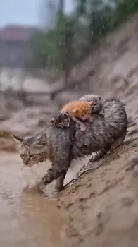 Mother Cat's Struggle in the Flood