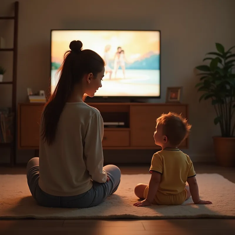 Mother and Baby Playtime Bliss - i want an image of a mother playing on the living room floor next to her one year old son while the tv is playing and you can only see the back of the mother but the baby is smiling - AI image generated with Photorealistic 2
