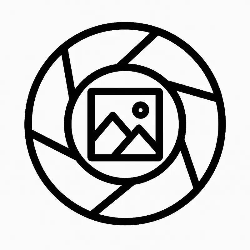 Mountain Aperture Icon - A basic black and white icon featuring camera lens aperture blades surrounding an image of mountains, designed with straightforward lines and clarity. - AI image generated with GPT Image