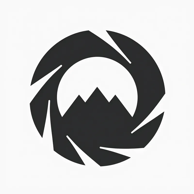 Mountain Aperture Icon - simple black and white stylized icon of camera aperture blades with simple drawing of mountains in center of lens - AI image generated with Flux